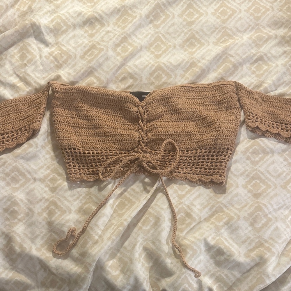 Forever 21 Crochet Off-Shoulder Drawstring Crop Top - Brown